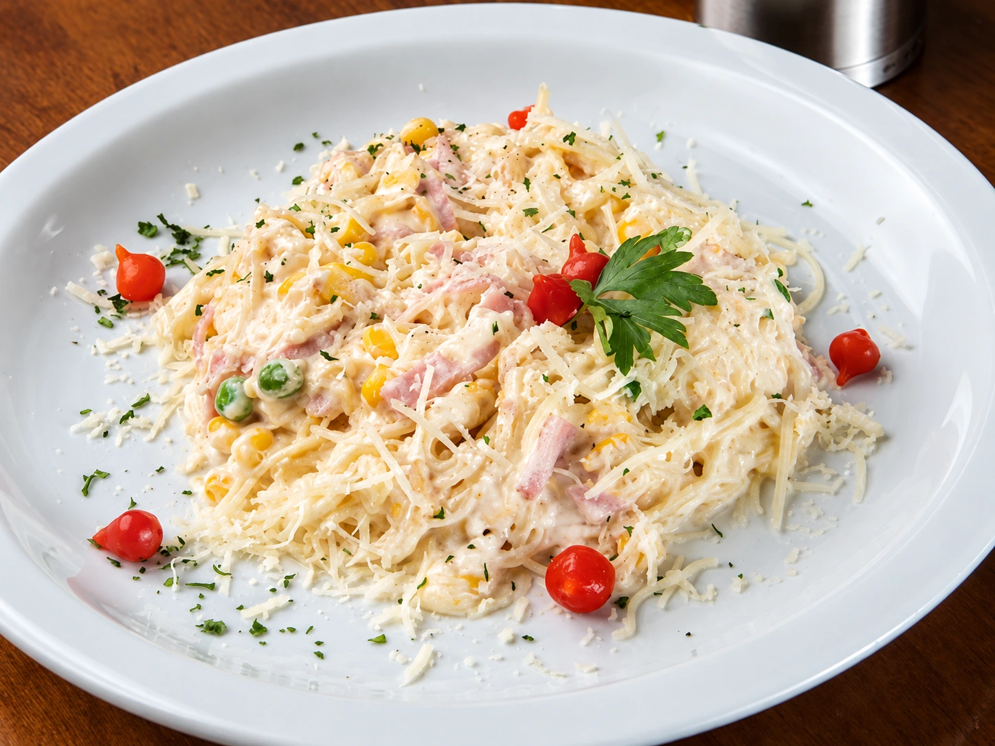 Espaguete à parisiense com molho branco e parmesão em prato branco