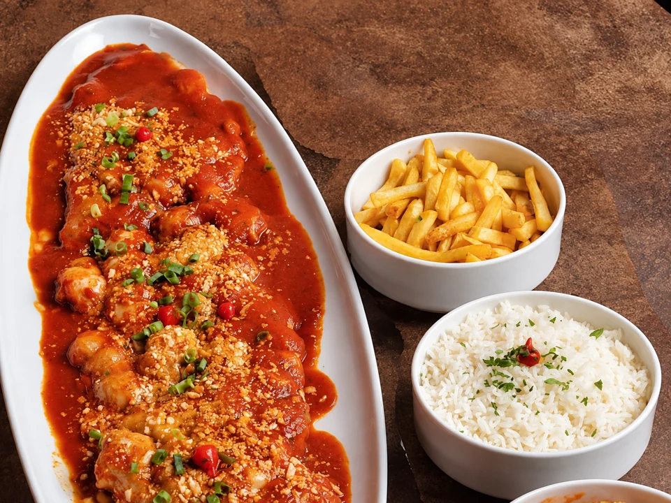 Parmegiana em travessa branca, com arroz e batatas fritas em duas tigelas