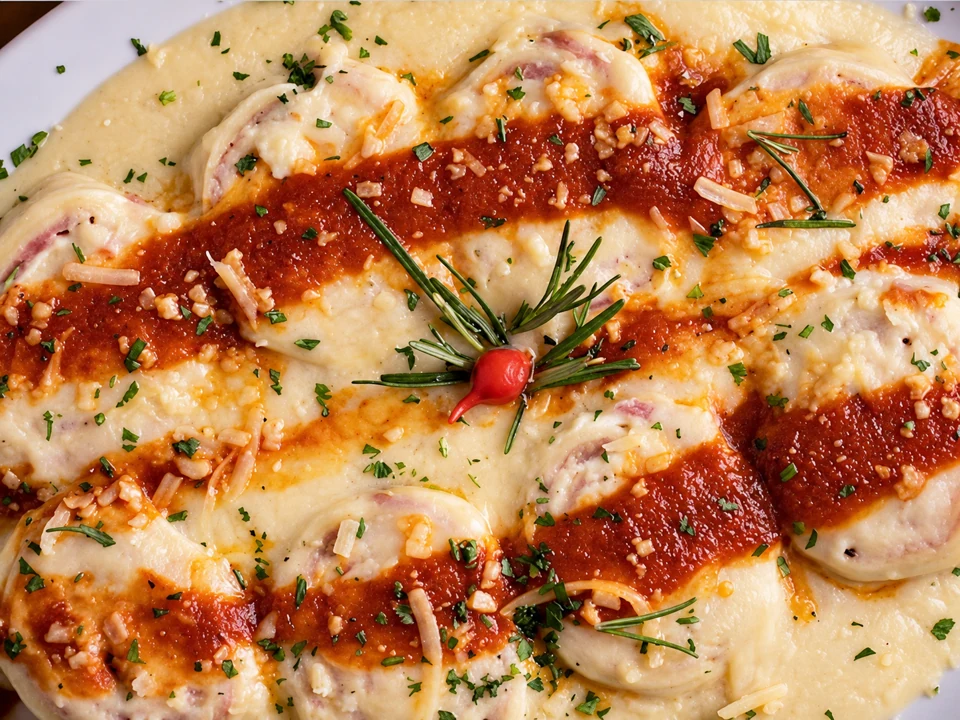 Rondelli recheado com presunto e queijo, coberto com molho de tomate e parmesão gratinado
